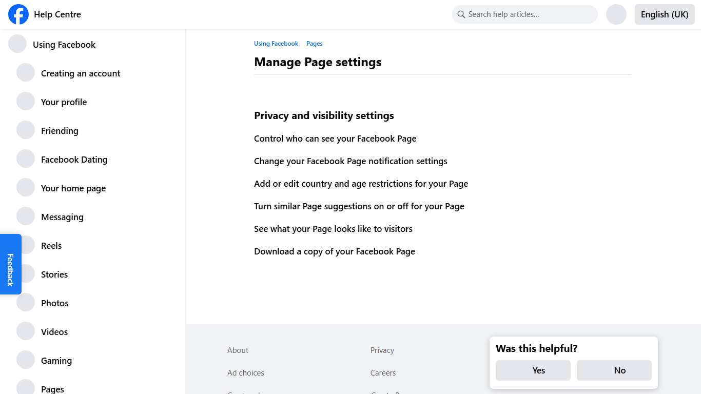 Manage Page settings Facebook Help Centre