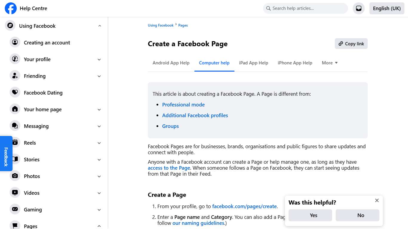 Create a Facebook Page Facebook Help Centre